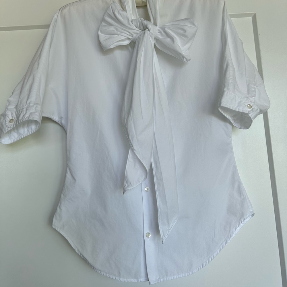 Ralph Lauren Blue Label White Bow Tie Short Sleeve Blouse - Picture 2 of 11